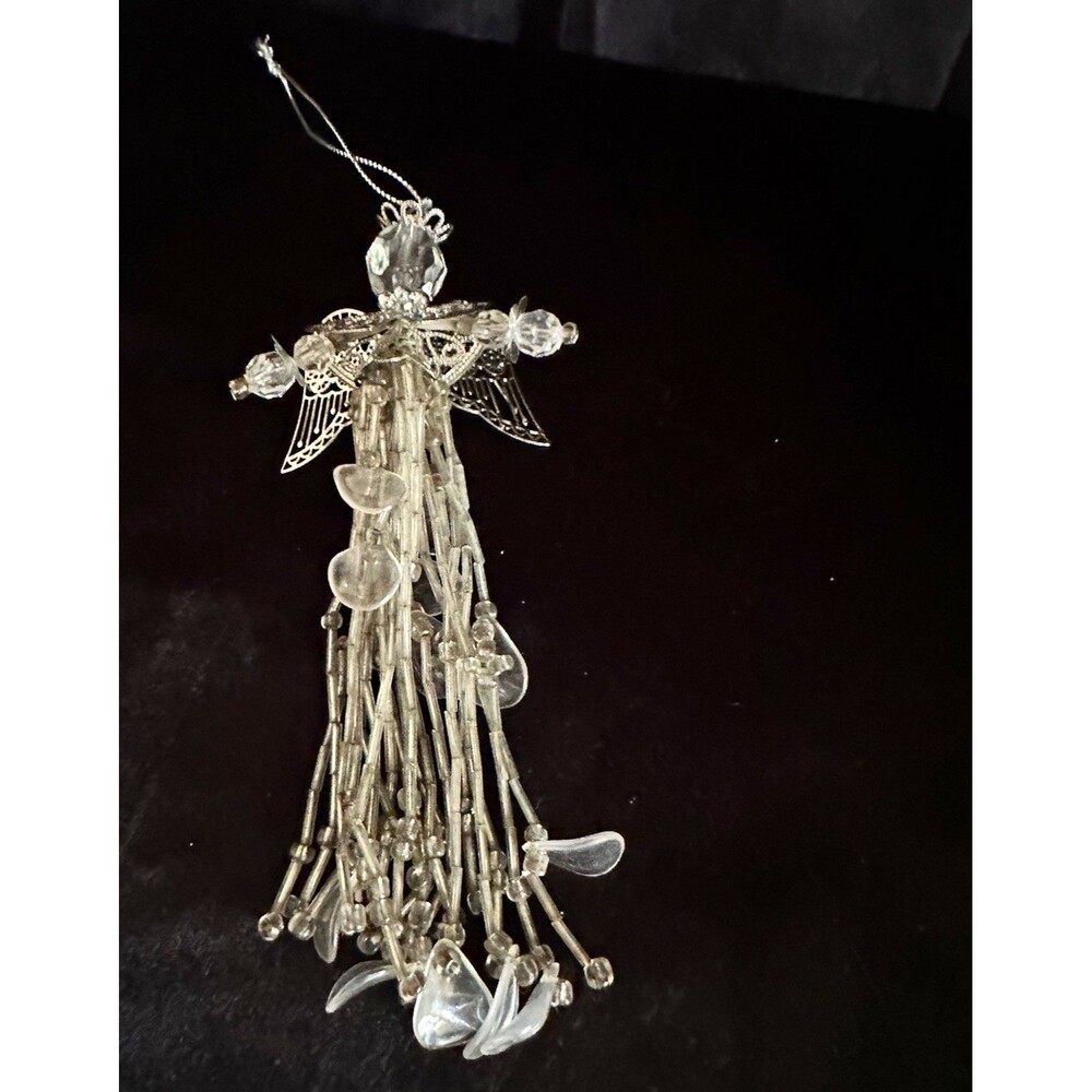 Vintage Silver & Clear Hanging Angel Ornament Metal Glass Beaded Dangles